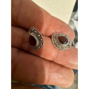 Vintage 925 Sterling Garnet Marcasite Necklace Earrings Set